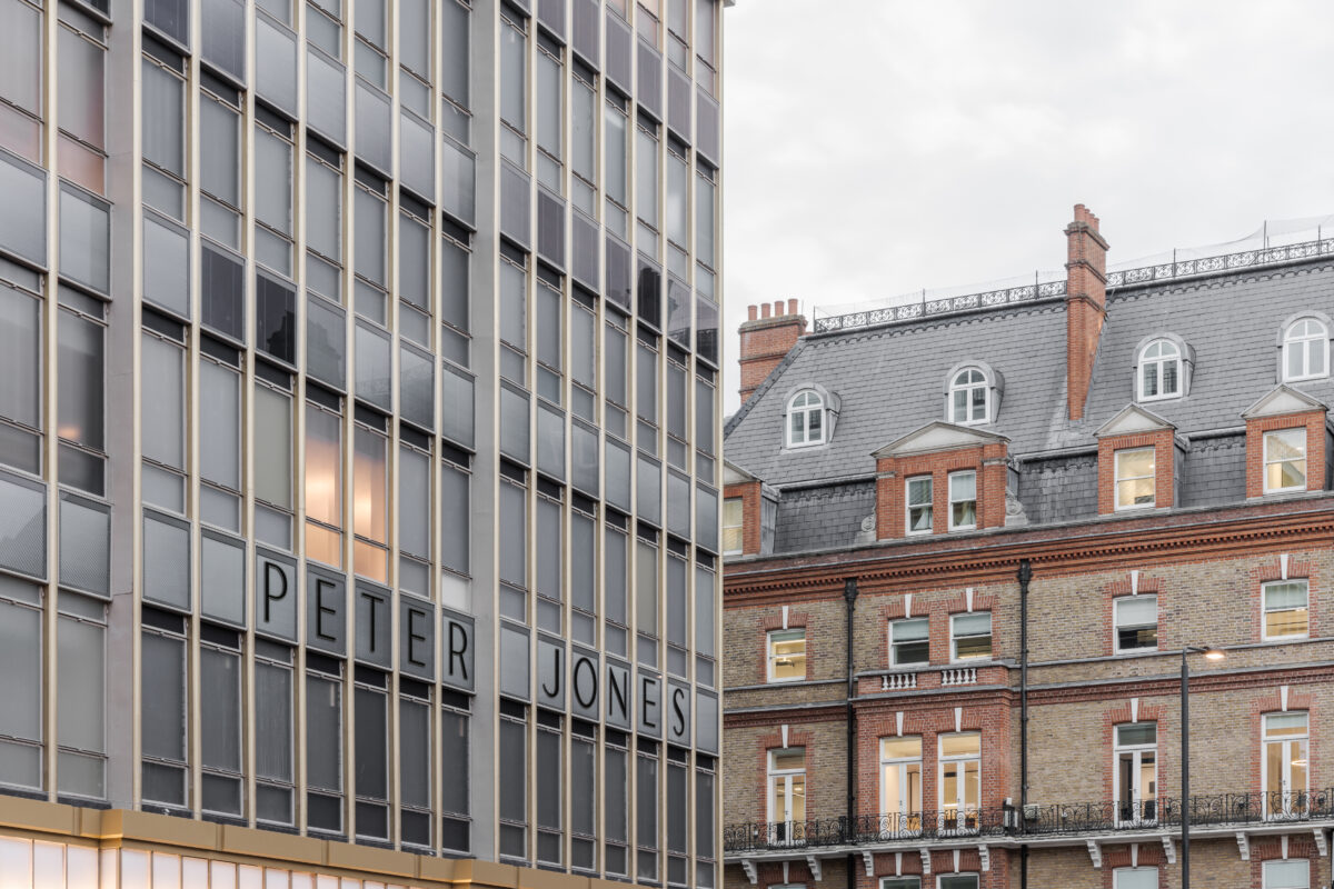 A view in daytime, when the media facade is animating through kinetic blinds